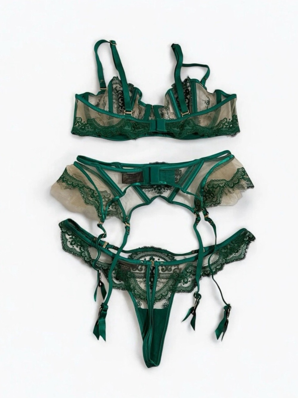 SET Honey Birdette Gabrielle Emerald Bra Garter Thong Small - Picture 3 of 3